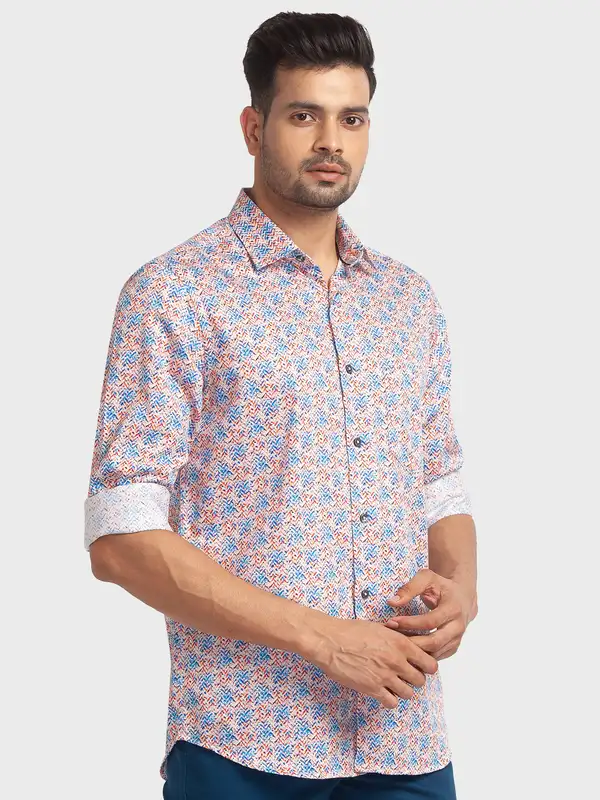 Men Blue Tailored Fit Print Cotton Full Sleeve Shirts - Image 2