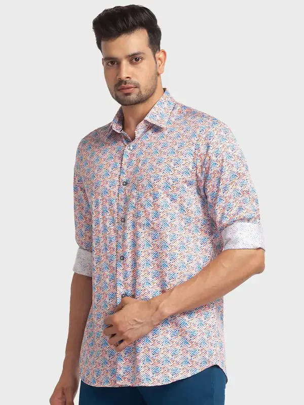 Men Blue Tailored Fit Print Cotton Full Sleeve Shirts - Image 3