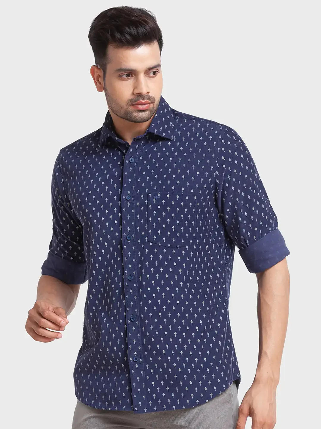 Men Blue Tailored Fit Print Cotton Full Sleeve Shirts - Image 3