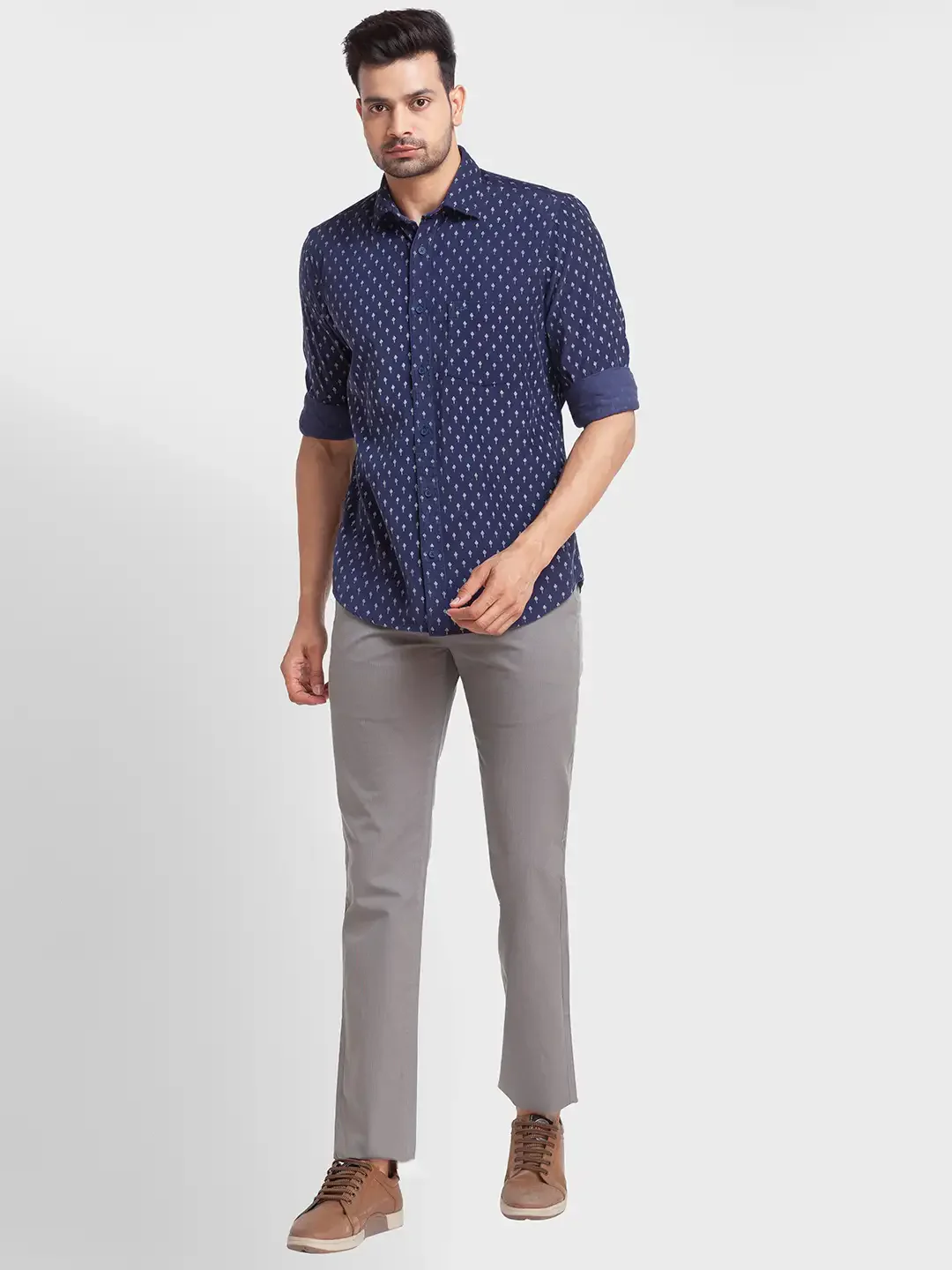 Men Blue Tailored Fit Print Cotton Full Sleeve Shirts - Image 5