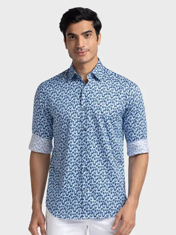 Men Blue Tailored Fit Print Cotton Full Sleeve Shirts