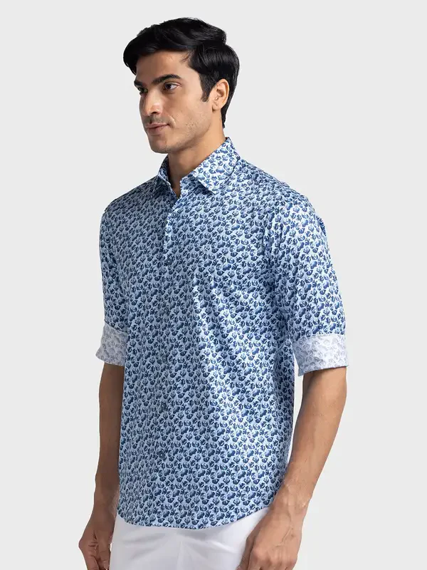 Men Blue Tailored Fit Print Cotton Full Sleeve Shirts - Image 3