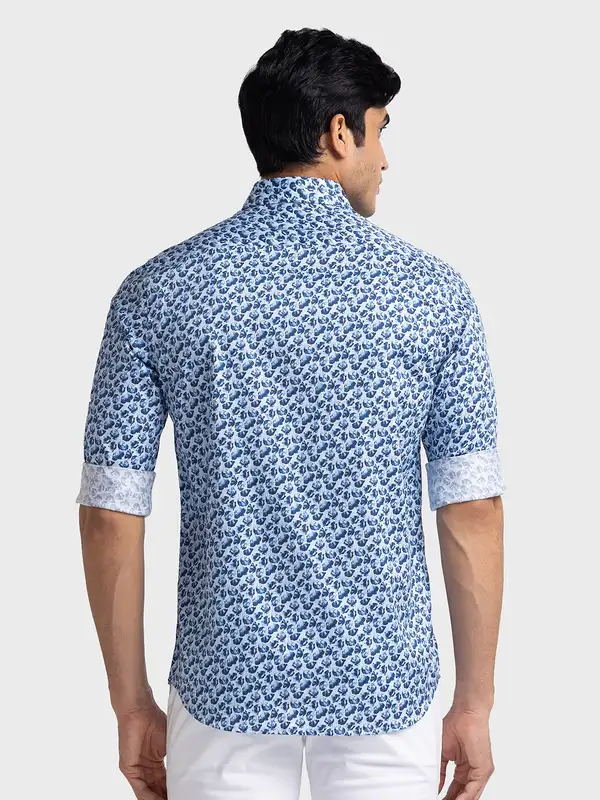 Men Blue Tailored Fit Print Cotton Full Sleeve Shirts - Image 4