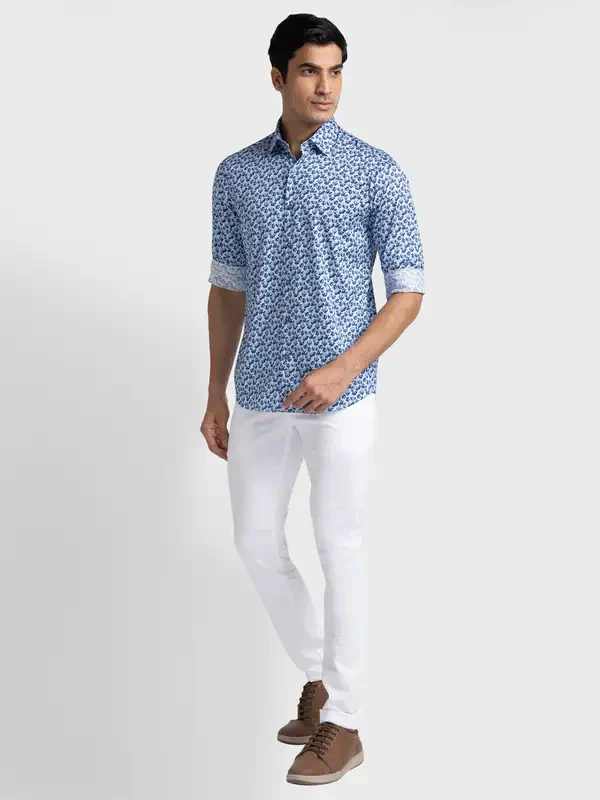 Men Blue Tailored Fit Print Cotton Full Sleeve Shirts - Image 5