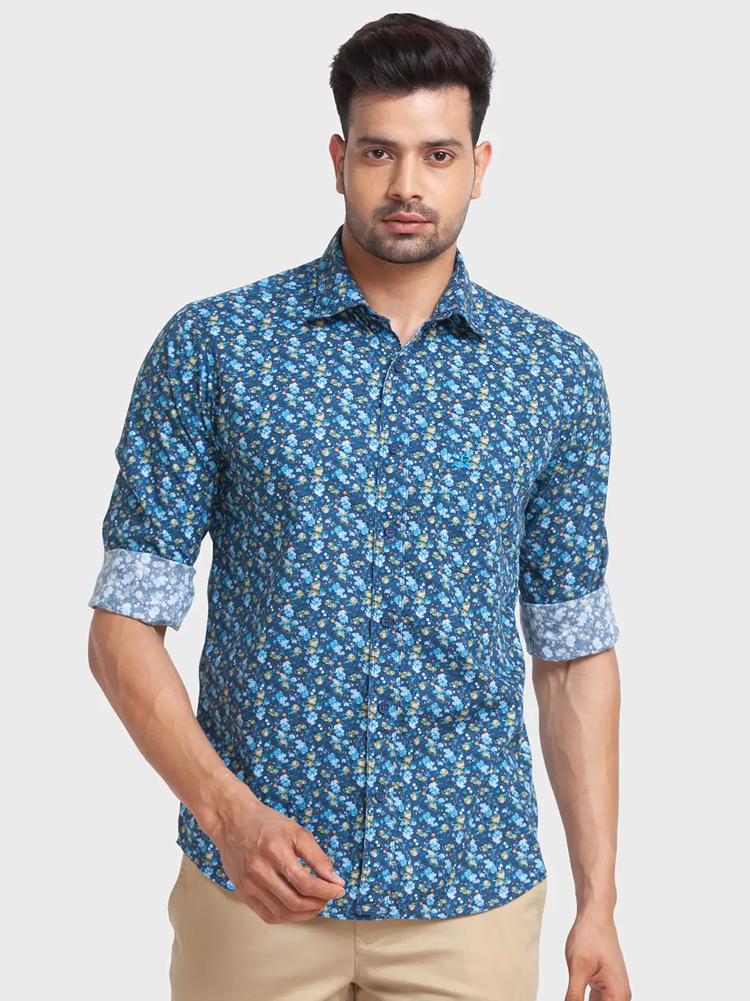 Men Blue Tailored Fit Print Cotton Full Sleeve Shirts
