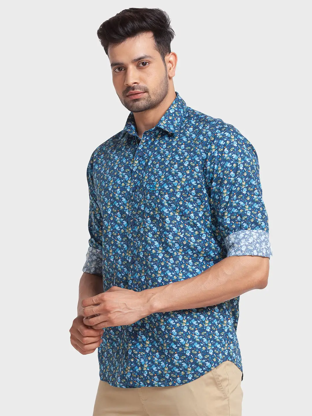 Men Blue Tailored Fit Print Cotton Full Sleeve Shirts - Image 3