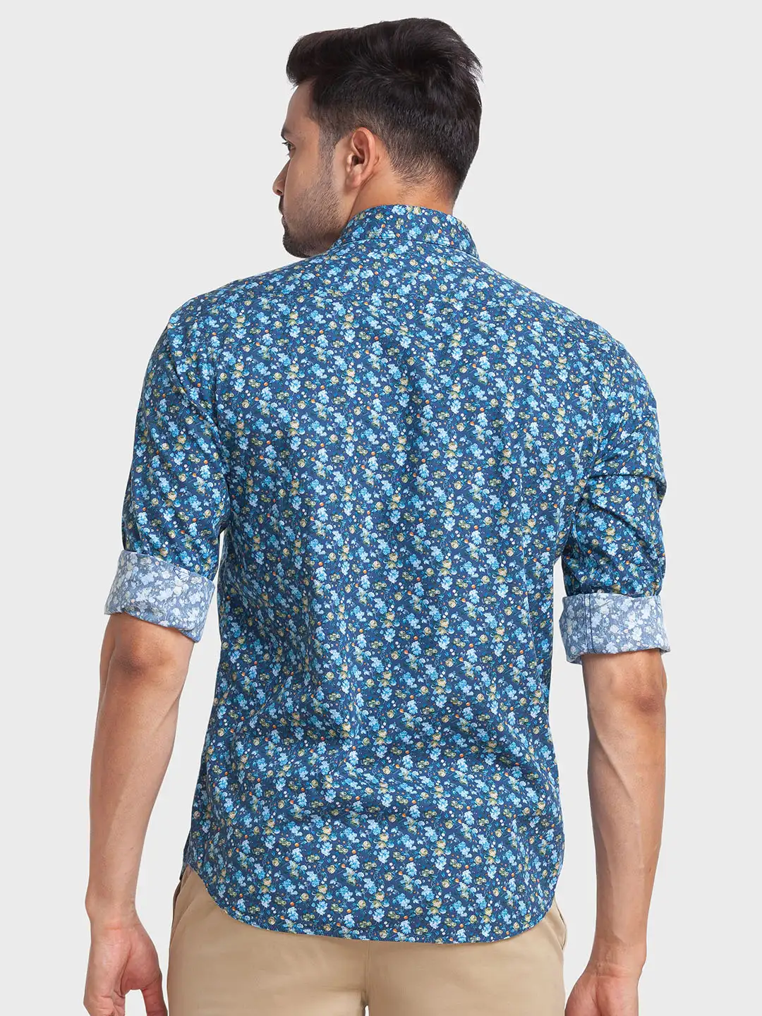 Men Blue Tailored Fit Print Cotton Full Sleeve Shirts - Image 4