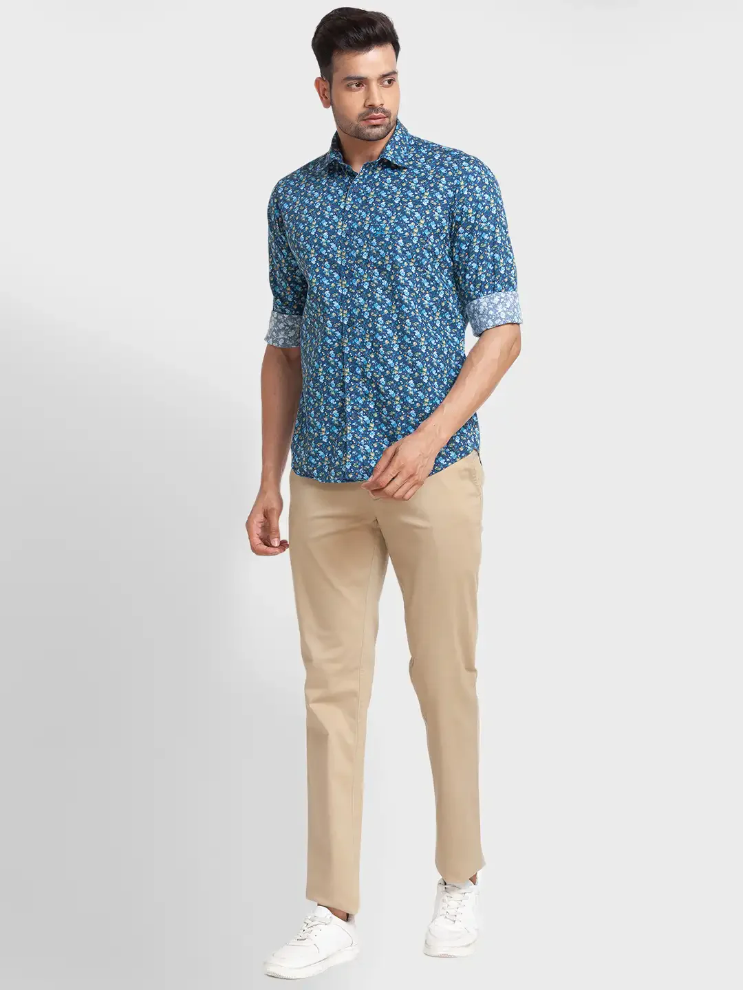 Men Blue Tailored Fit Print Cotton Full Sleeve Shirts - Image 5