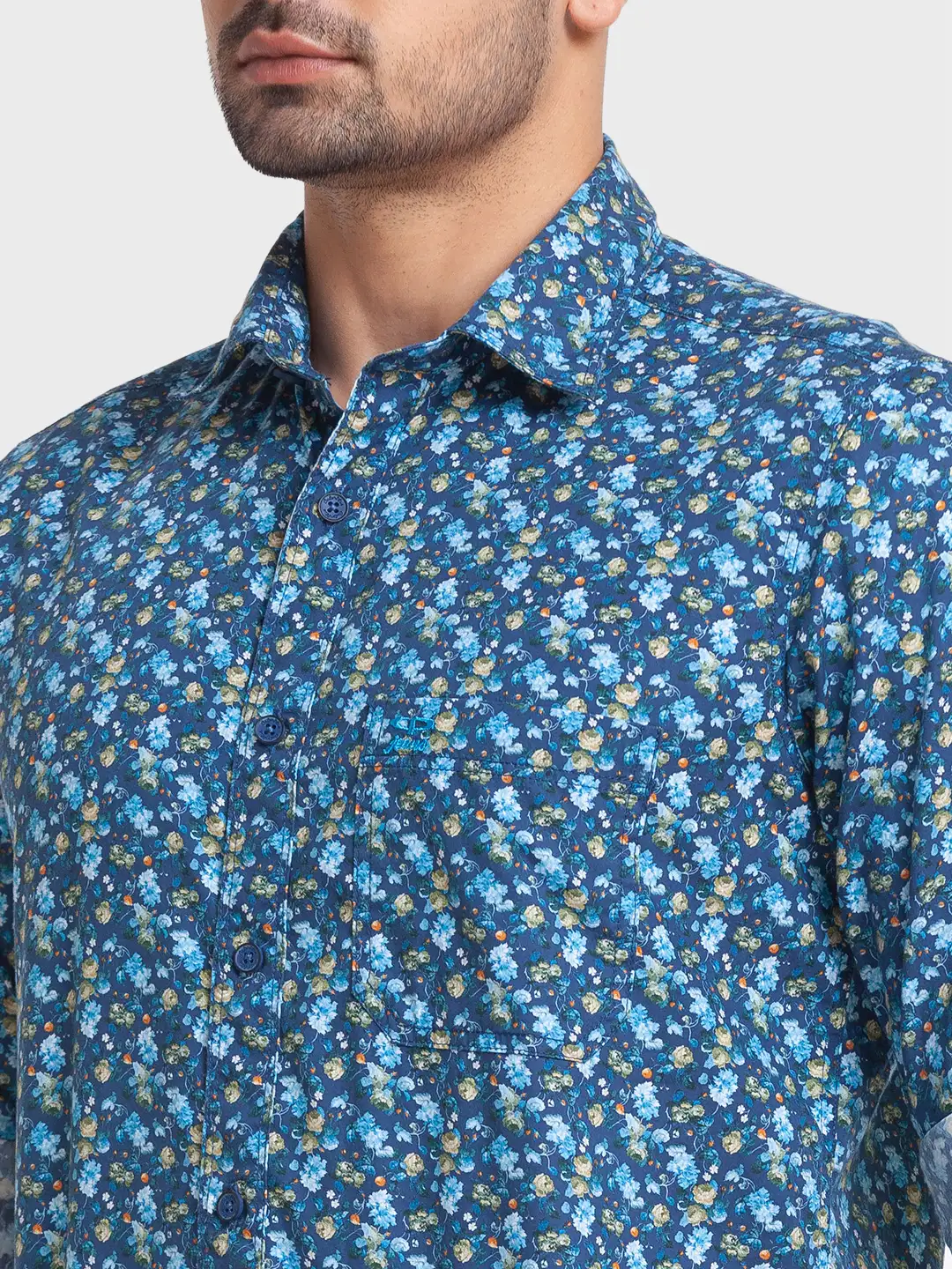 Men Blue Tailored Fit Print Cotton Full Sleeve Shirts - Image 6