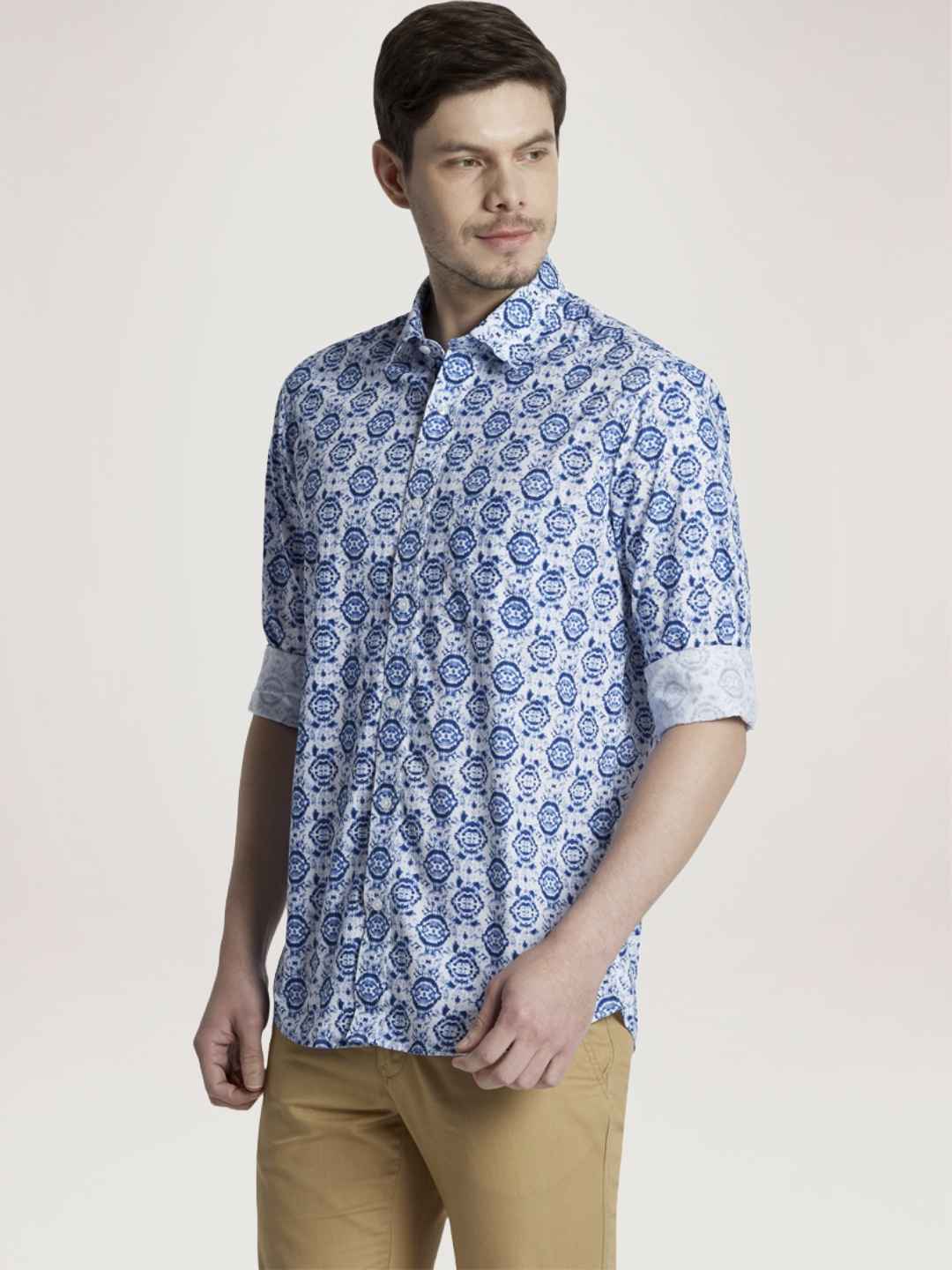 Men Blue Tailored Fit Print Cotton Full Sleeve Shirts - Image 3