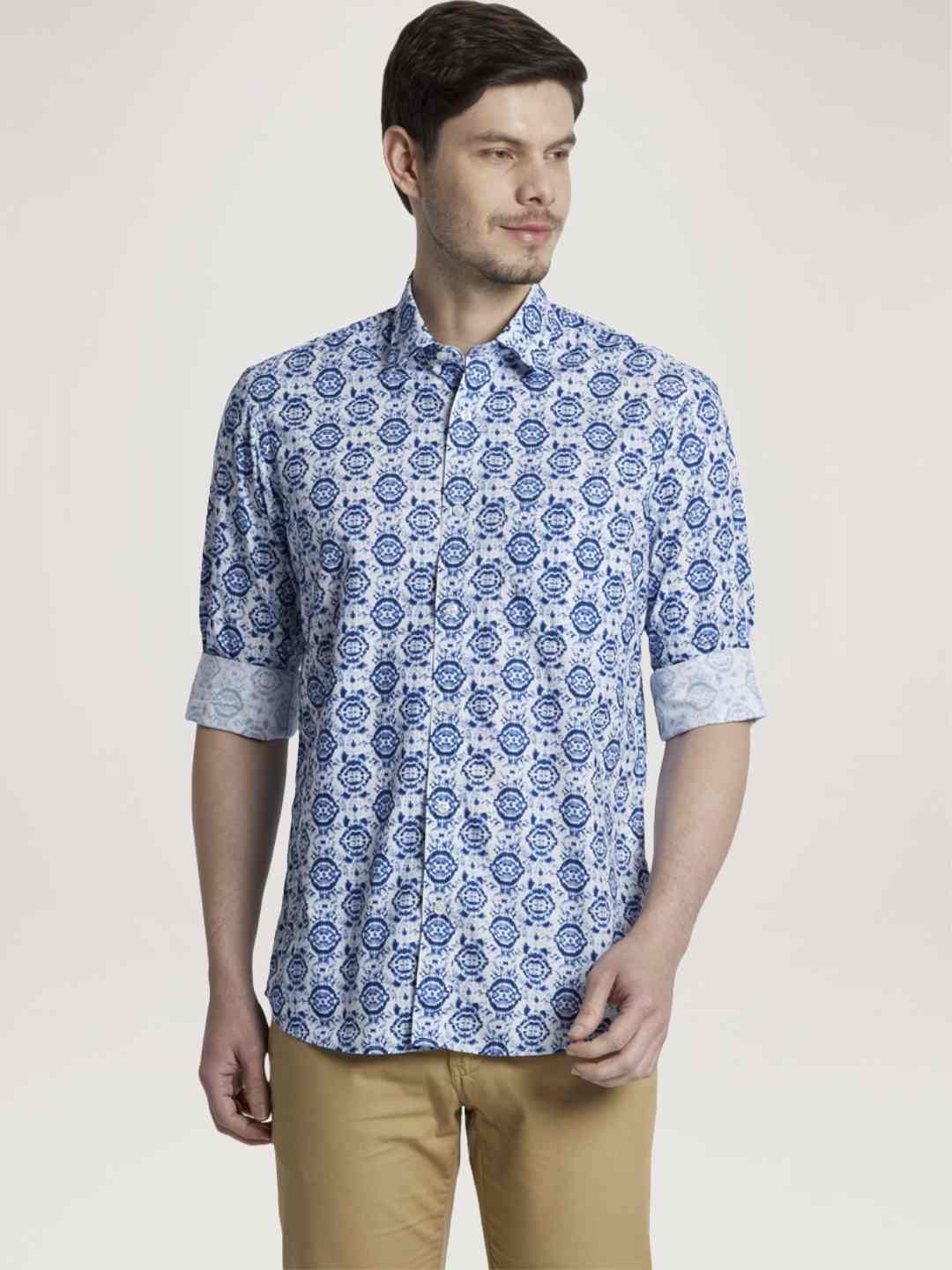Men Blue Tailored Fit Print Cotton Full Sleeve Shirts - Image 5