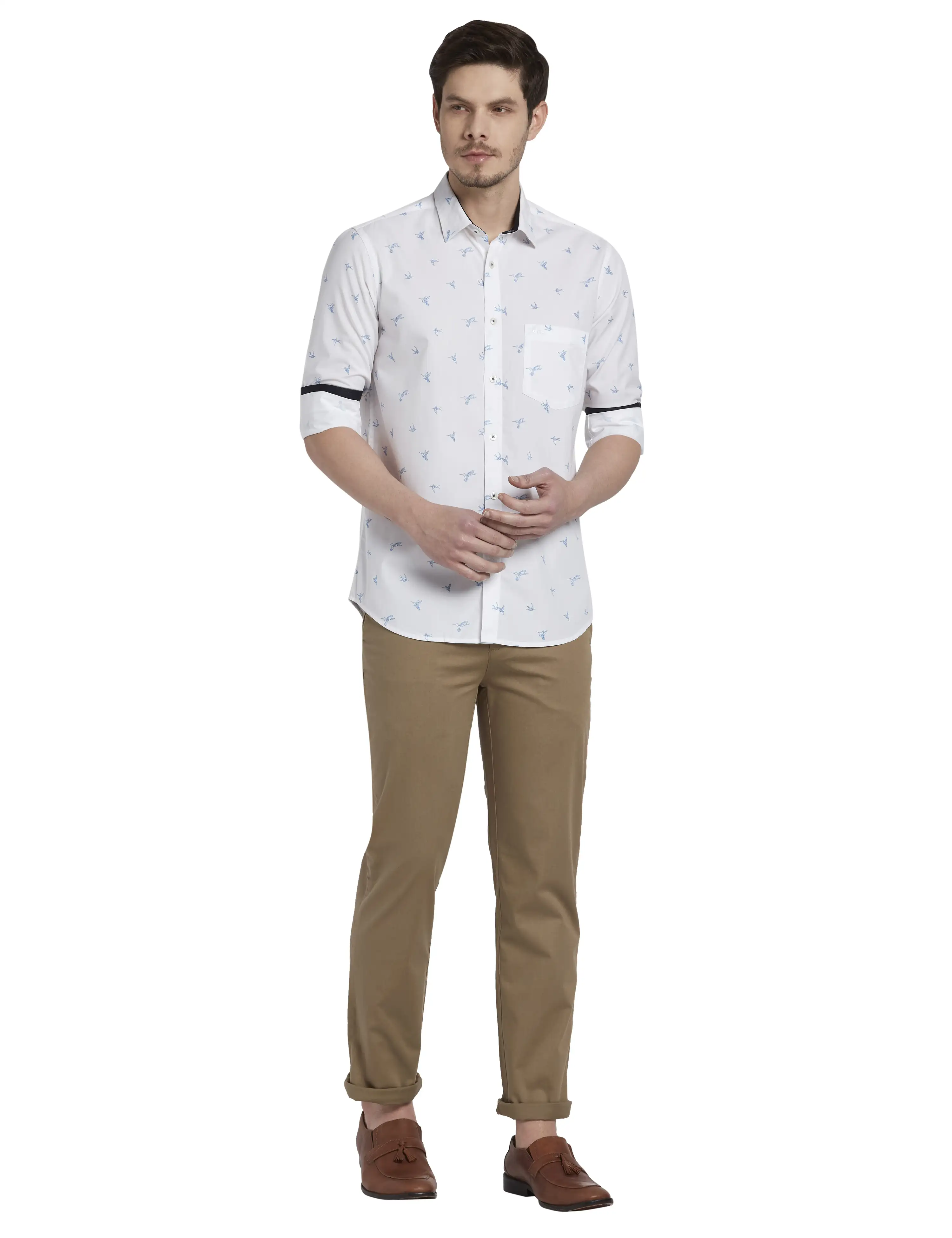 Men Blue Tailored Fit Print Cotton Full Sleeve Shirts - Image 5