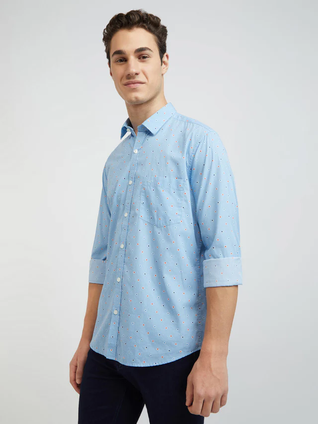 Men Blue Tailored Fit Print Cotton Full Sleeve Shirts - Image 3