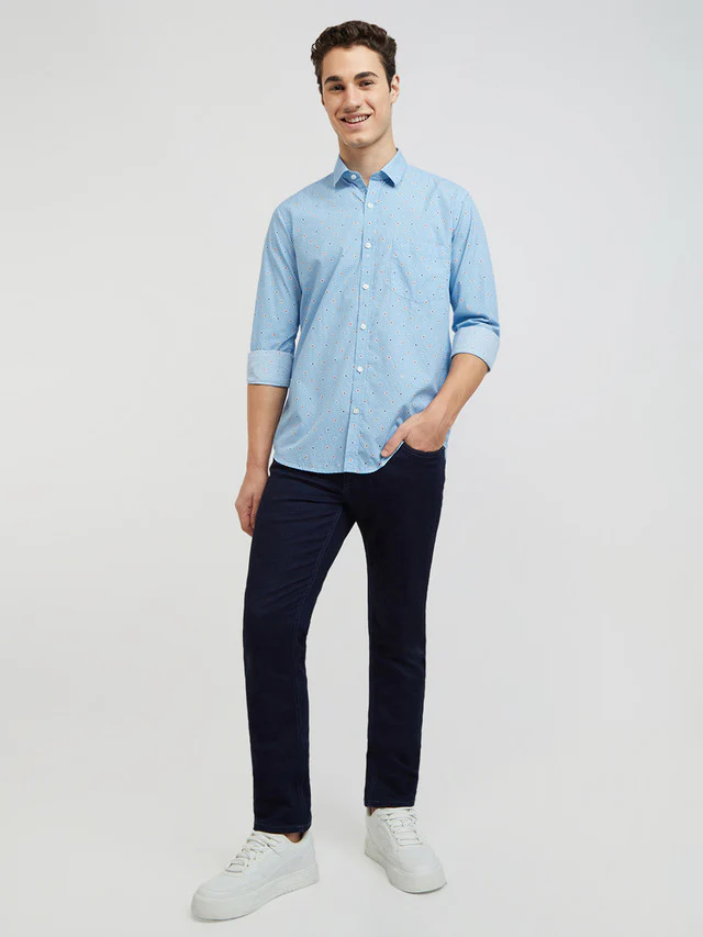 Men Blue Tailored Fit Print Cotton Full Sleeve Shirts - Image 5