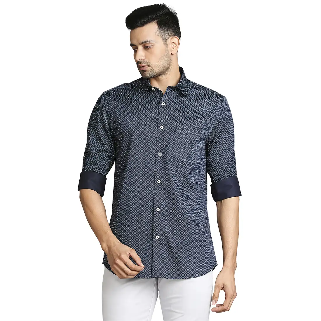 Men Blue Tailored Fit Print Cotton Full Sleeve Shirts