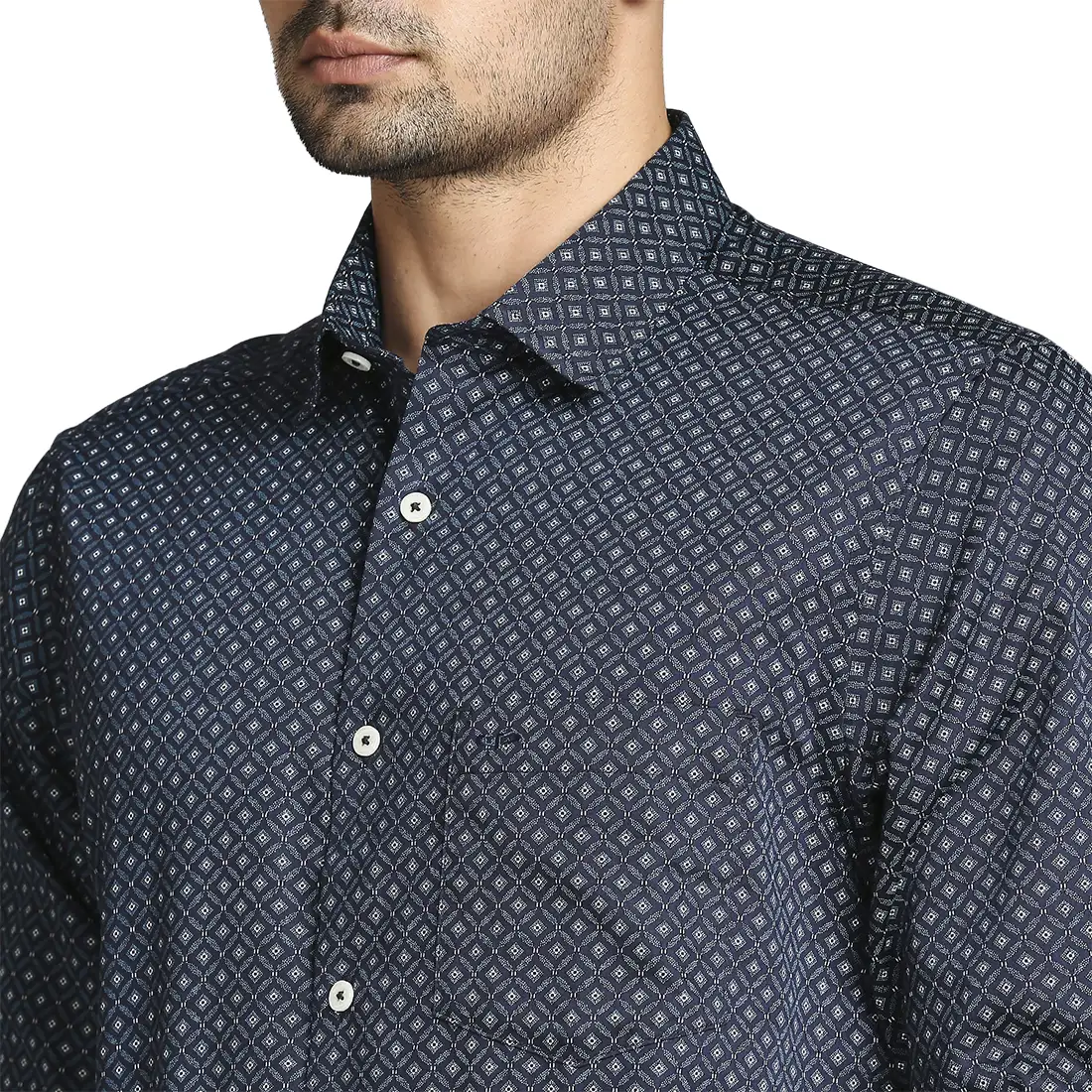 Men Blue Tailored Fit Print Cotton Full Sleeve Shirts - Image 6