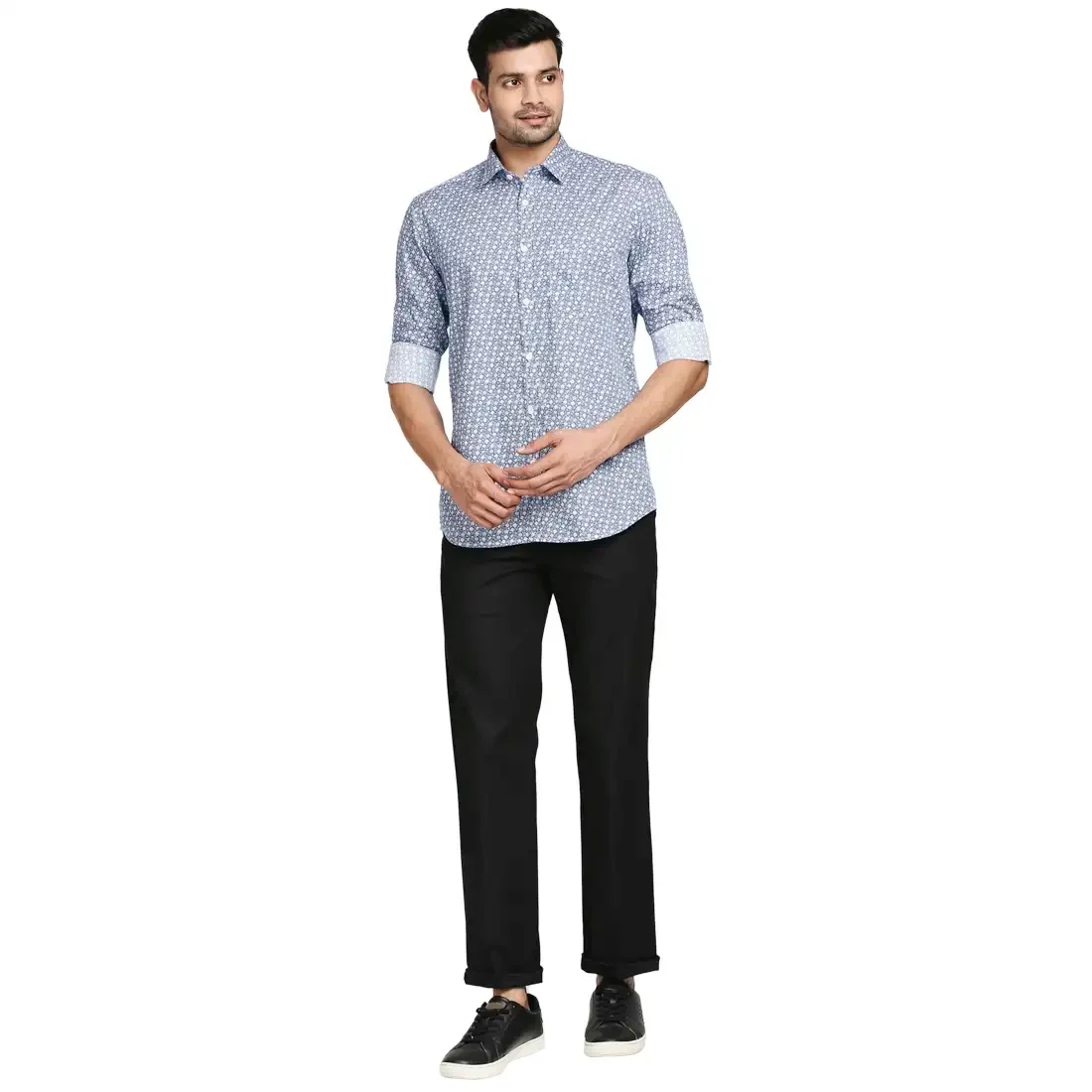 Men Blue Tailored Fit Print Cotton Full Sleeve Shirts - Image 5