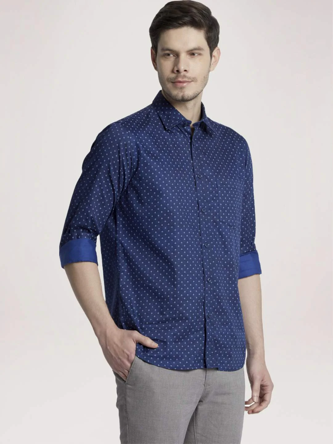 Men Blue Tailored Fit Print Cotton Full Sleeve Shirts - Image 6