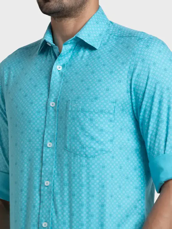 Men Blue Tailored Fit Print Cotton Full Sleeve Shirts - Image 6