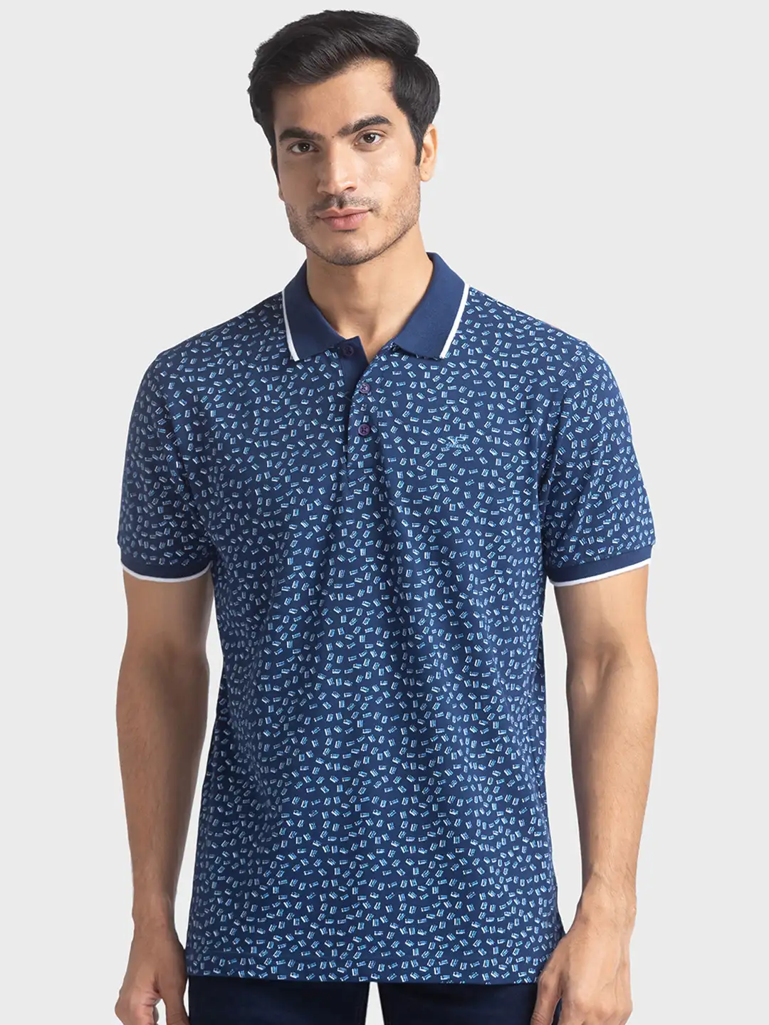 Men Blue Tailored Fit Print Cotton Half Sleeve Round Neck Collar Polo T-Shirt
