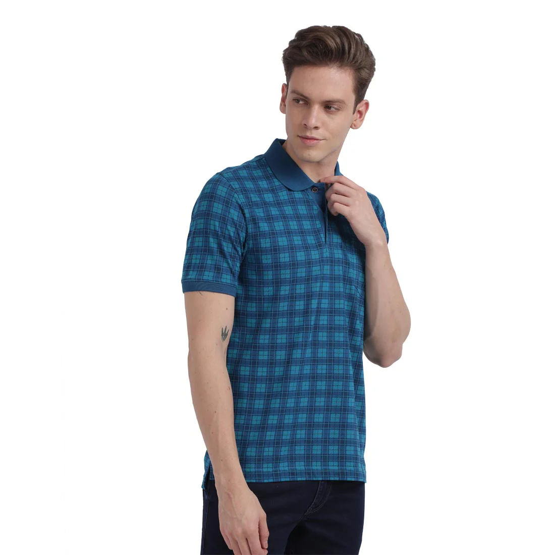 Men Blue Tailored Fit Print Cotton Half Sleeve Round Neck Collar Polo T-Shirt - Image 2