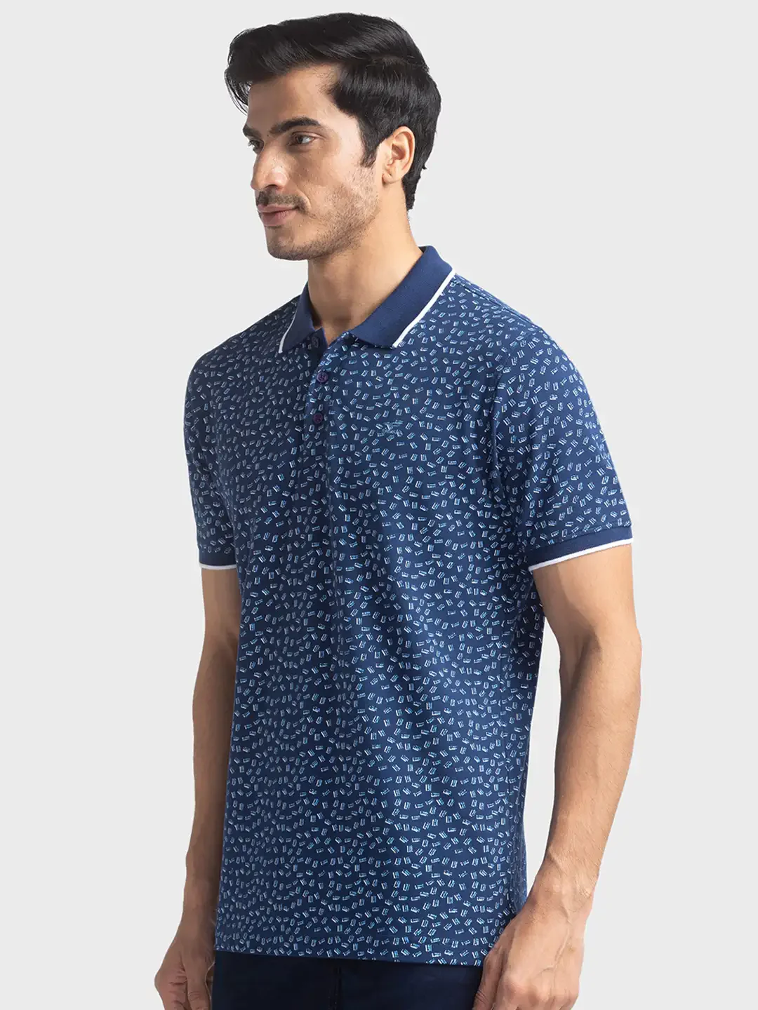 Men Blue Tailored Fit Print Cotton Half Sleeve Round Neck Collar Polo T-Shirt - Image 3