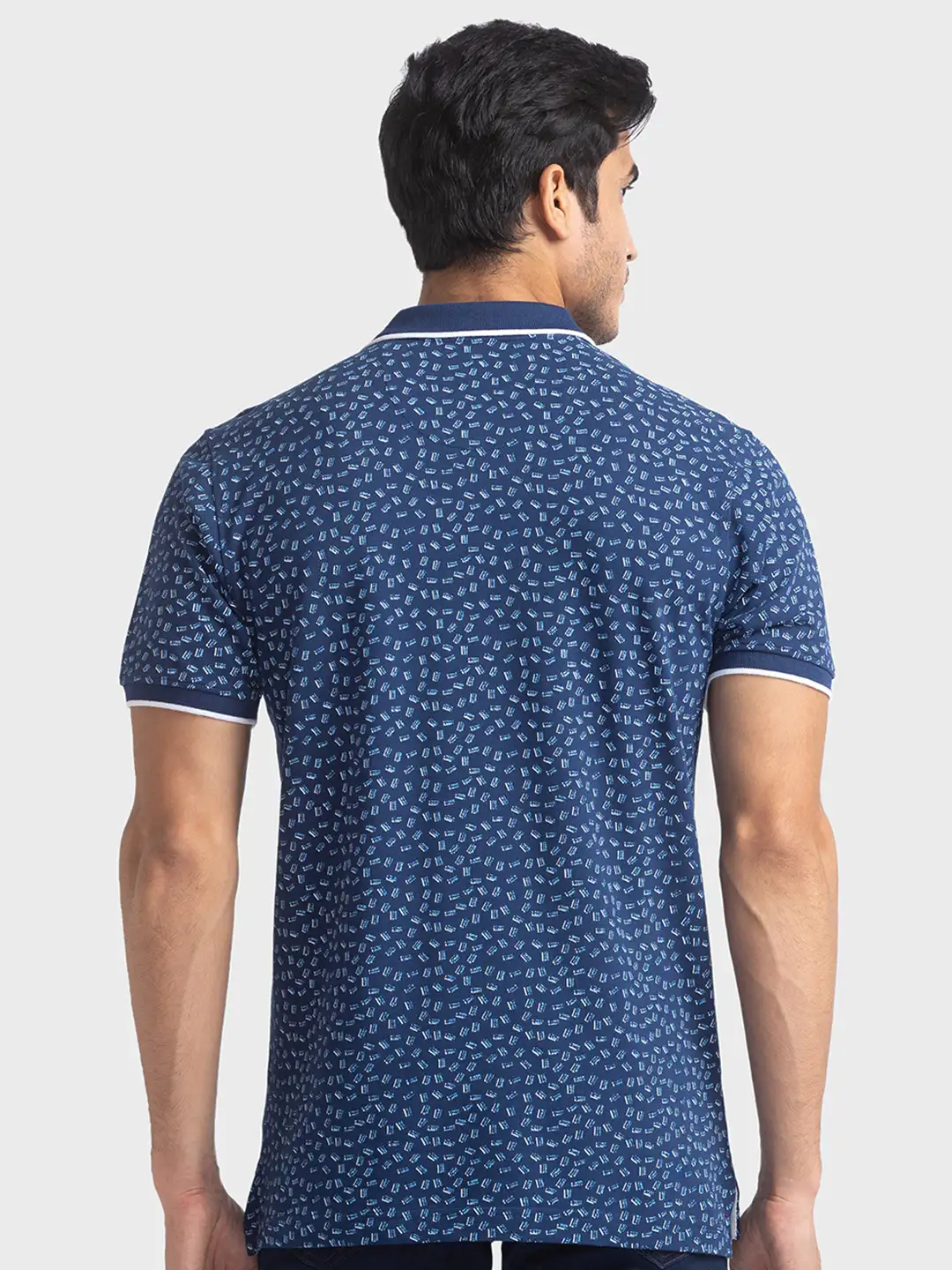 Men Blue Tailored Fit Print Cotton Half Sleeve Round Neck Collar Polo T-Shirt - Image 4