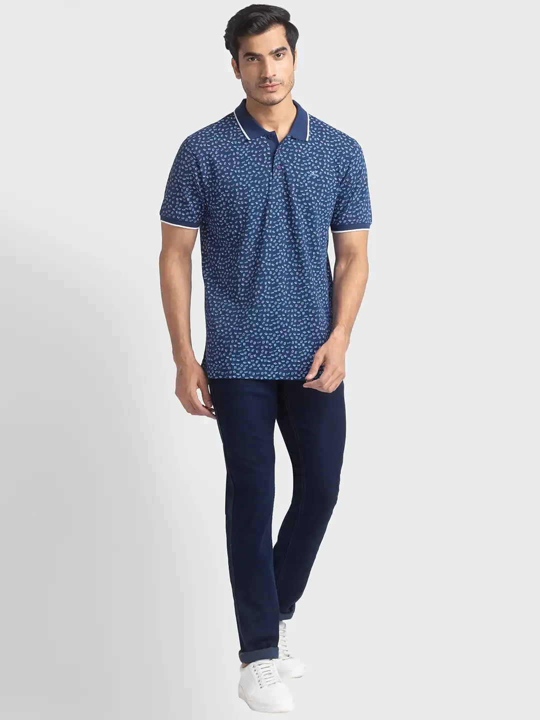 Men Blue Tailored Fit Print Cotton Half Sleeve Round Neck Collar Polo T-Shirt - Image 5