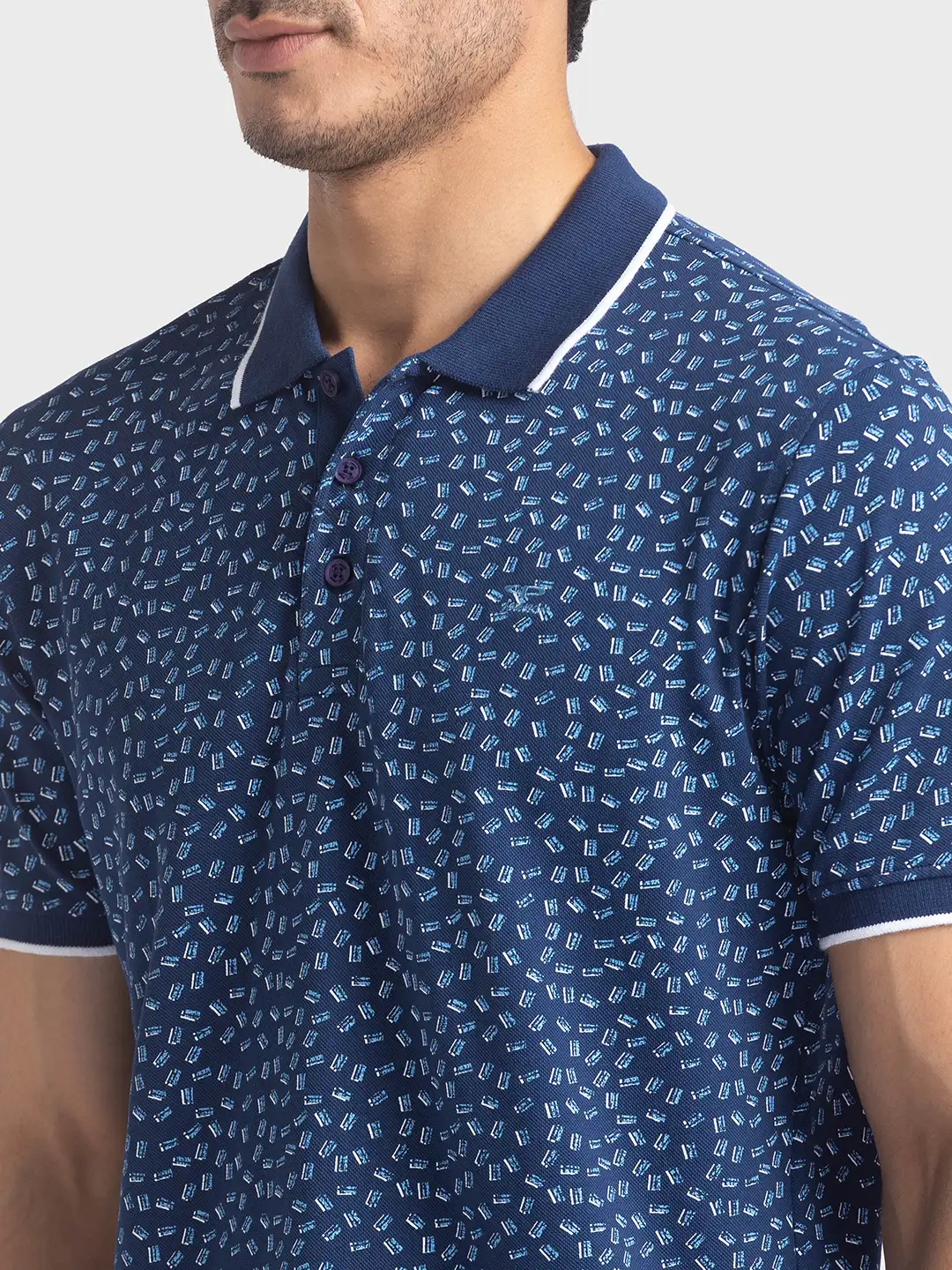 Men Blue Tailored Fit Print Cotton Half Sleeve Round Neck Collar Polo T-Shirt - Image 6