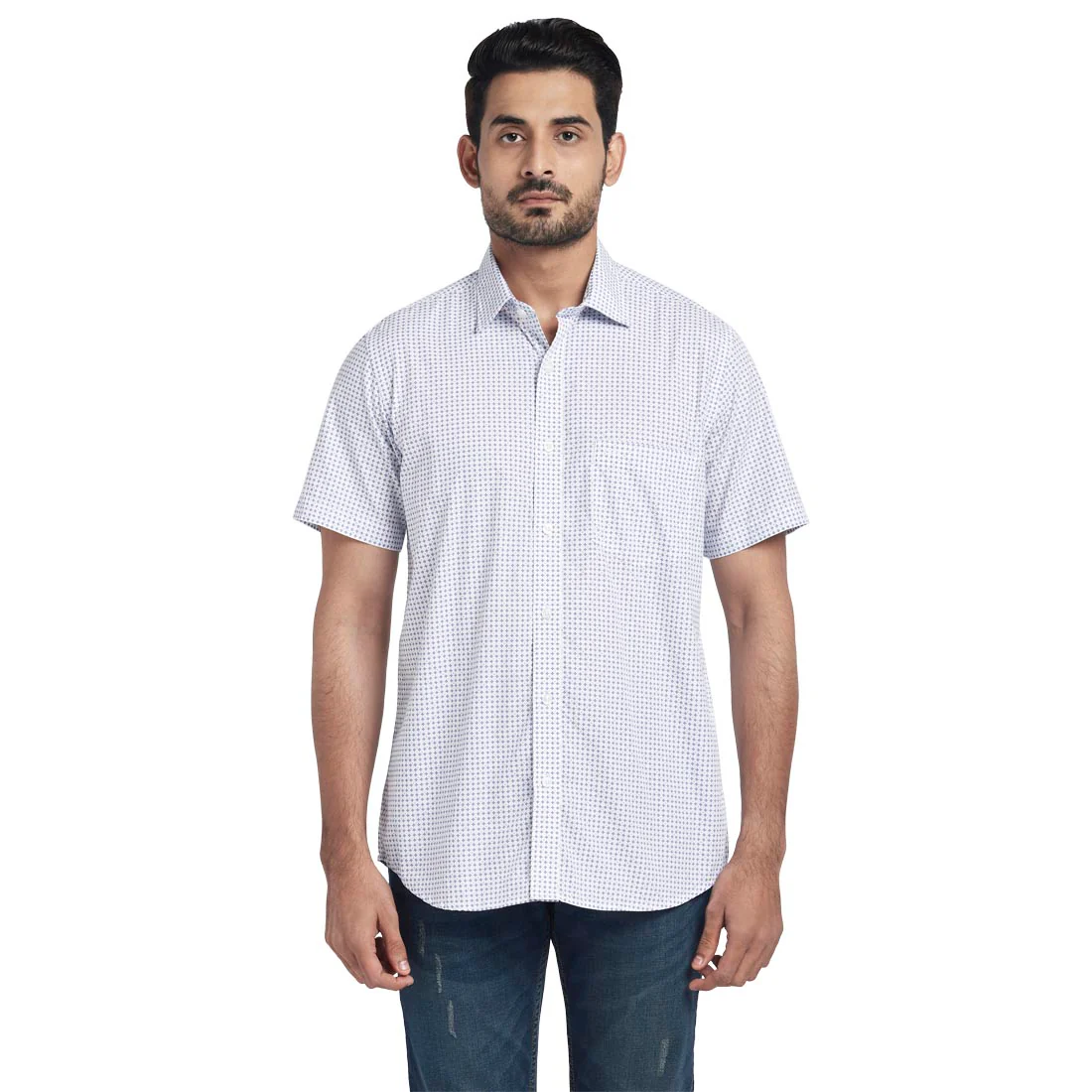 Men Blue Tailored Fit Print Cotton Half Sleeve Shirts