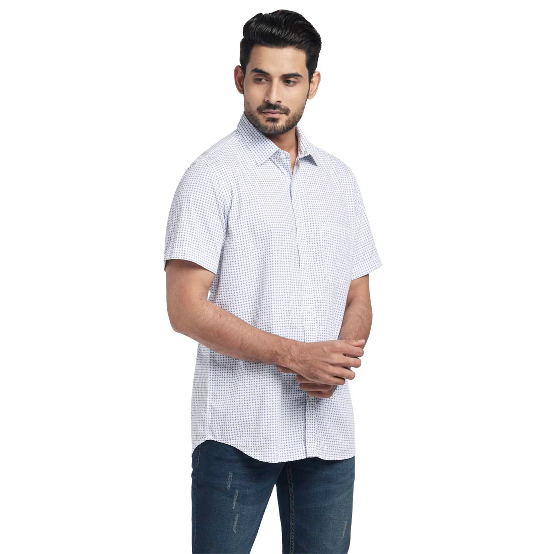 Men Blue Tailored Fit Print Cotton Half Sleeve Shirts - Image 2
