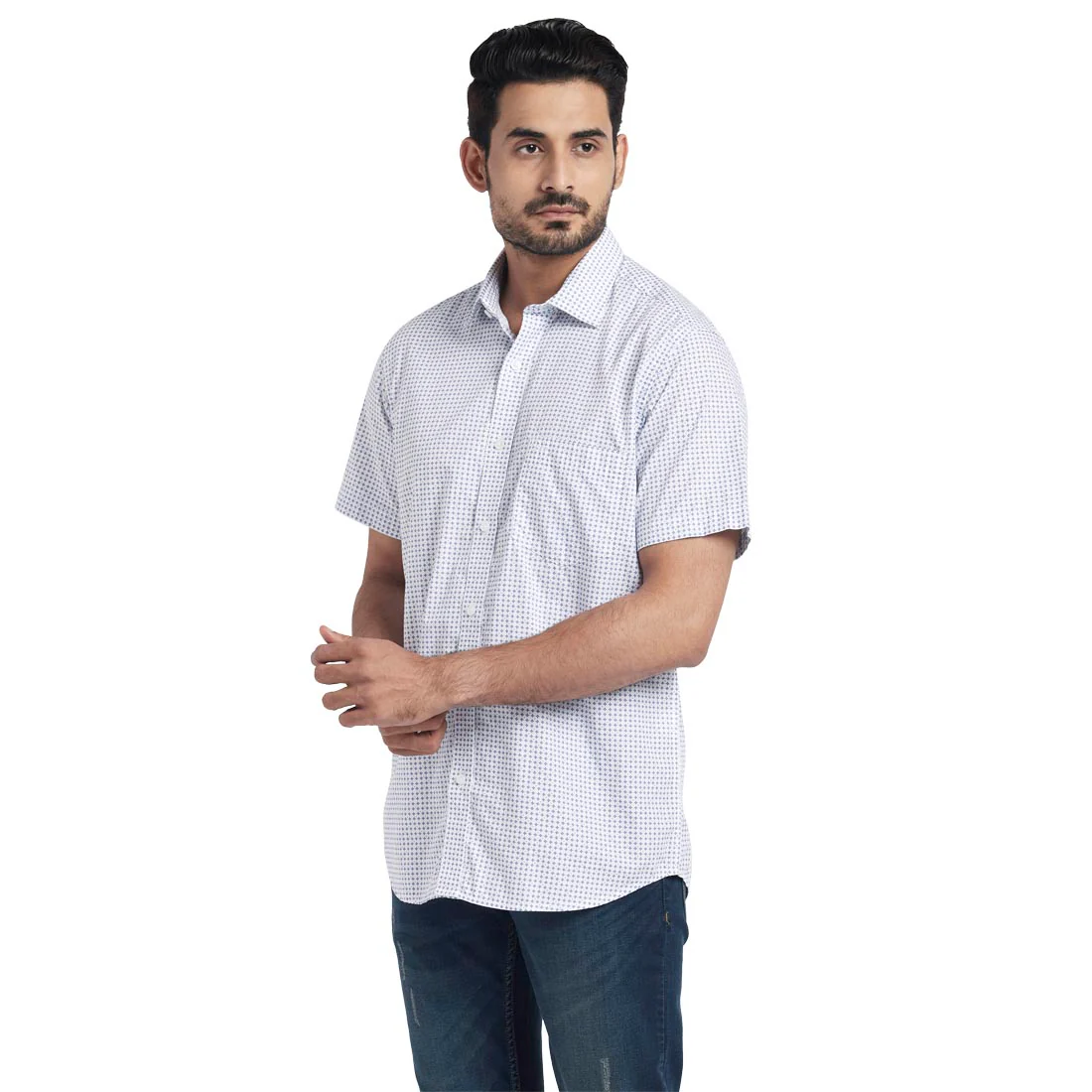 Men Blue Tailored Fit Print Cotton Half Sleeve Shirts - Image 3