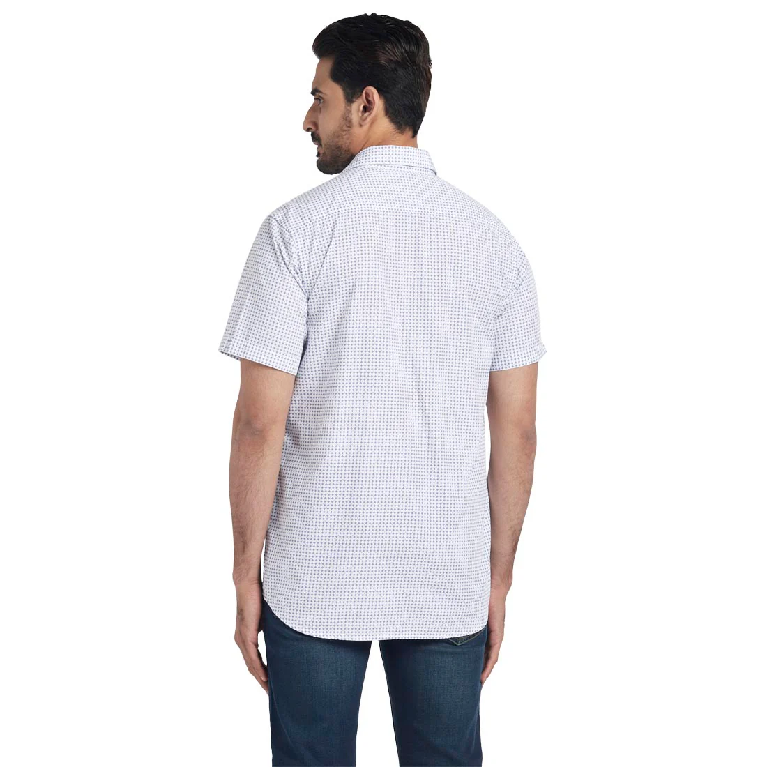 Men Blue Tailored Fit Print Cotton Half Sleeve Shirts - Image 4
