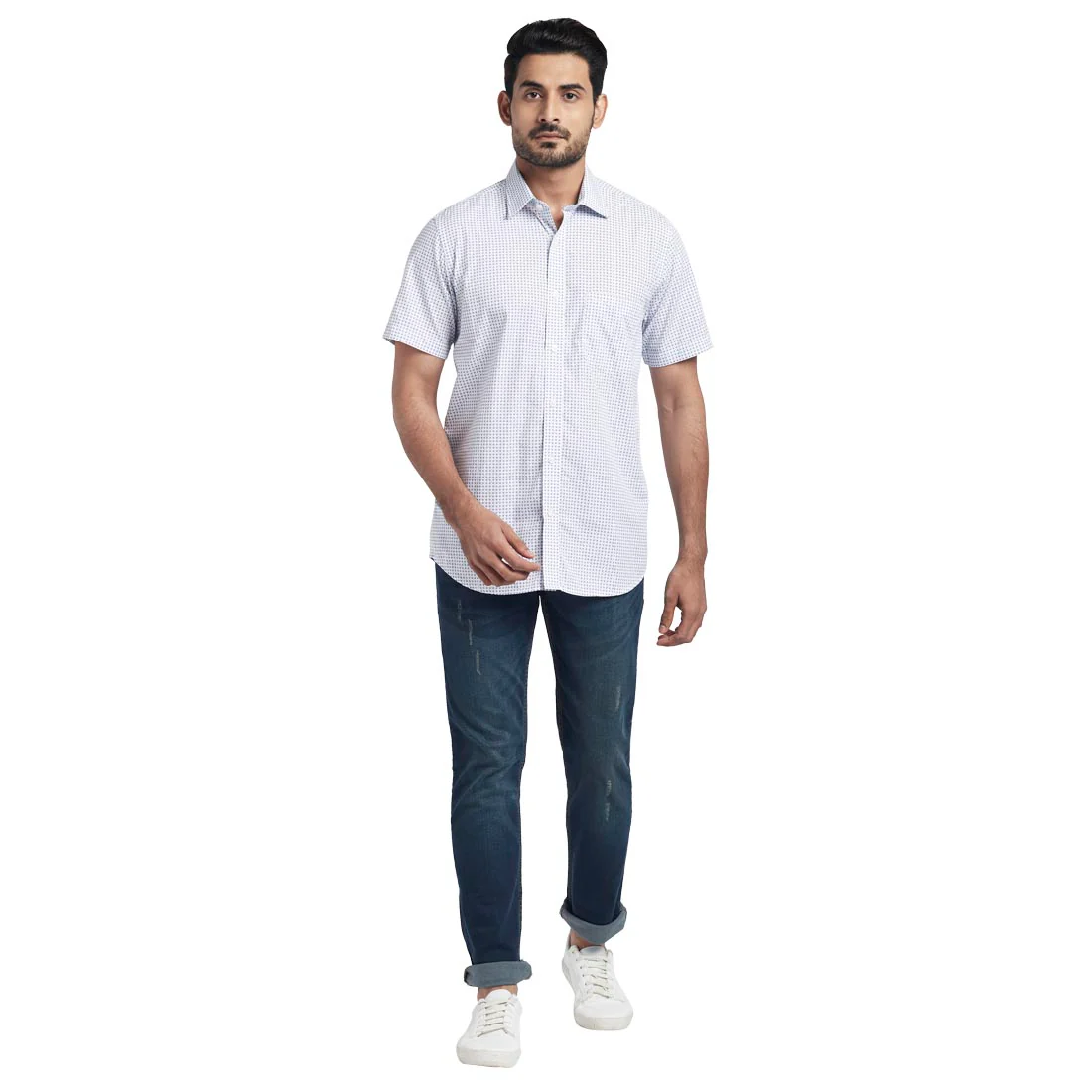 Men Blue Tailored Fit Print Cotton Half Sleeve Shirts - Image 5