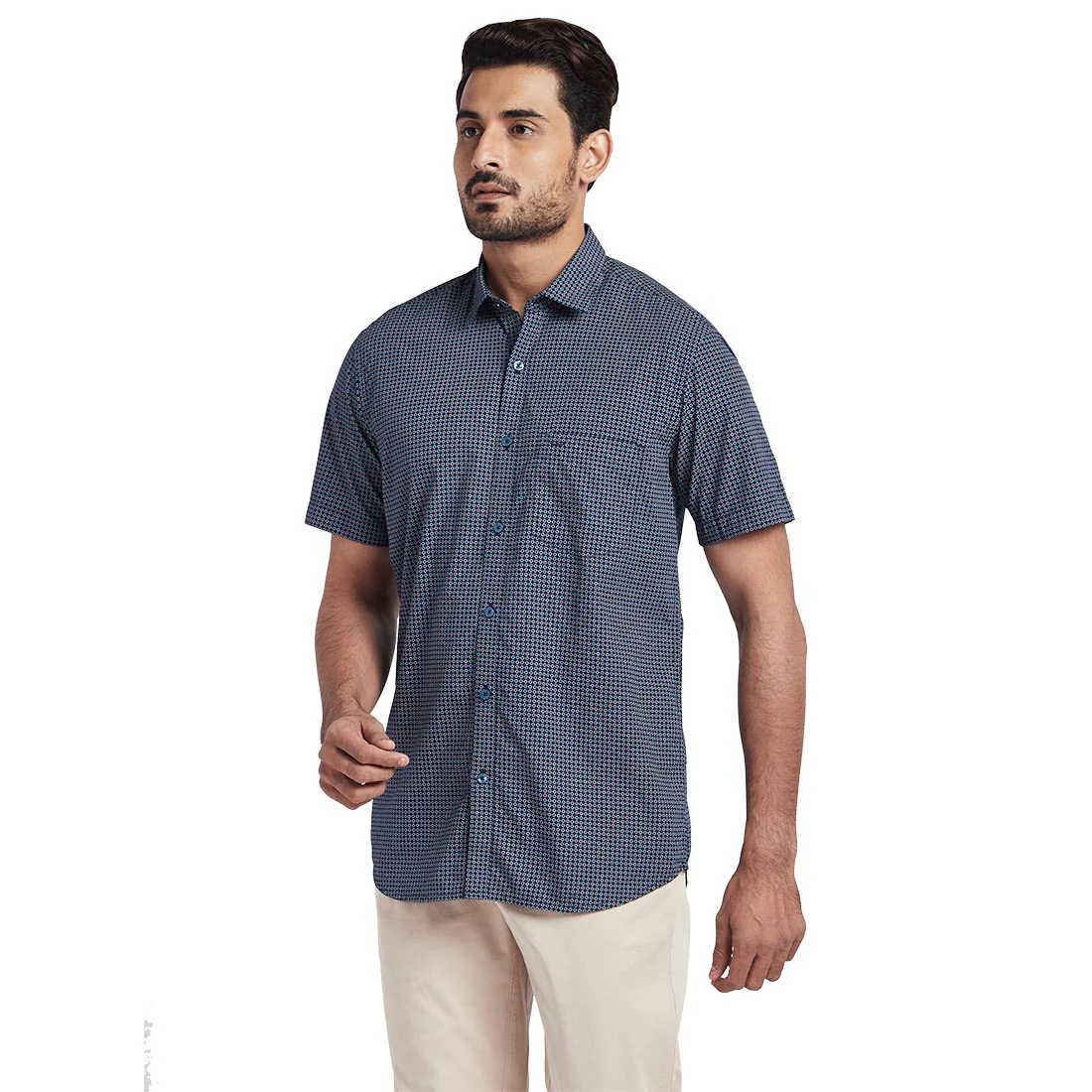 Men Blue Tailored Fit Print Cotton Half Sleeve Shirts - Image 3
