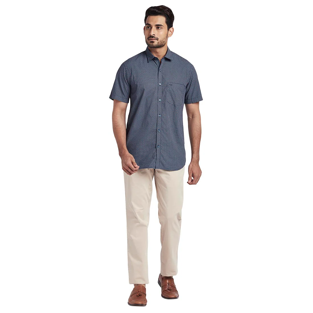 Men Blue Tailored Fit Print Cotton Half Sleeve Shirts - Image 5
