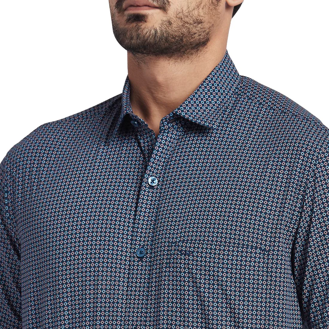 Men Blue Tailored Fit Print Cotton Half Sleeve Shirts - Image 6