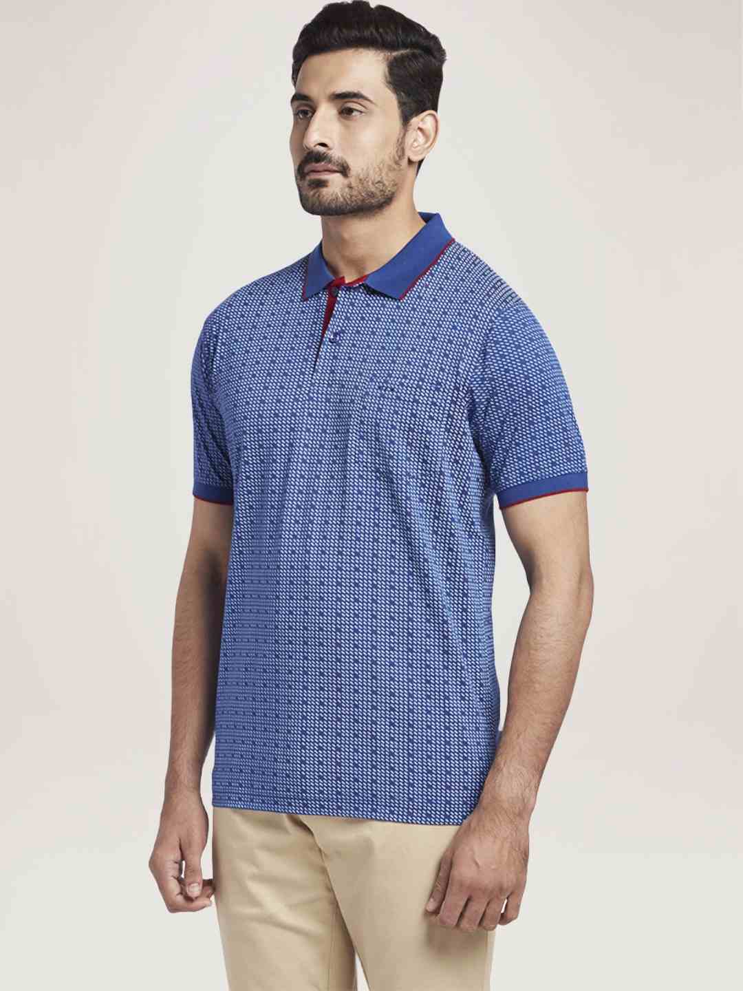 Men Blue Tailored Fit Print Cotton Half Sleeve T-Shirt