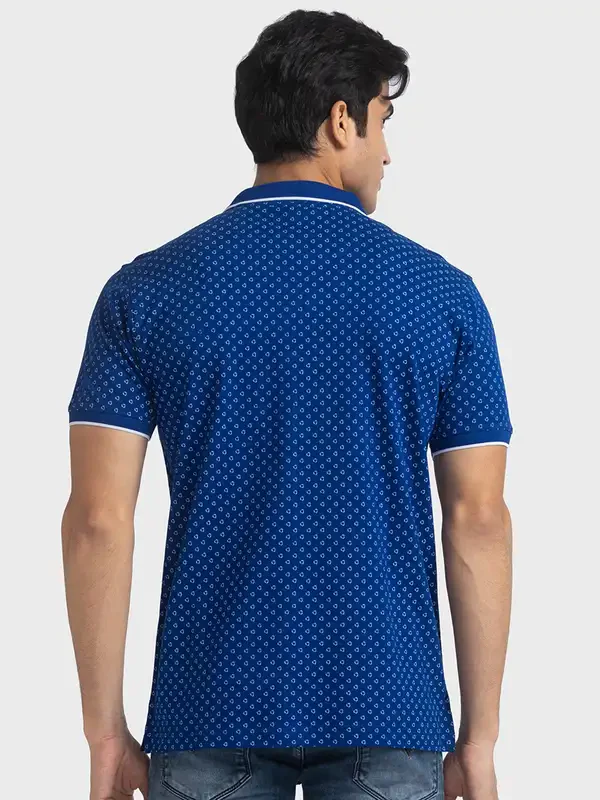 Colorplus Men Blue Tailored Fit Printed Polo Neck Collar T-Shirt - Image 4