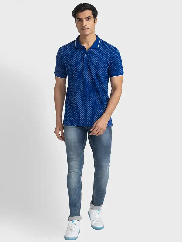 Colorplus Men Blue Tailored Fit Printed Polo Neck Collar T-Shirt - Image 5