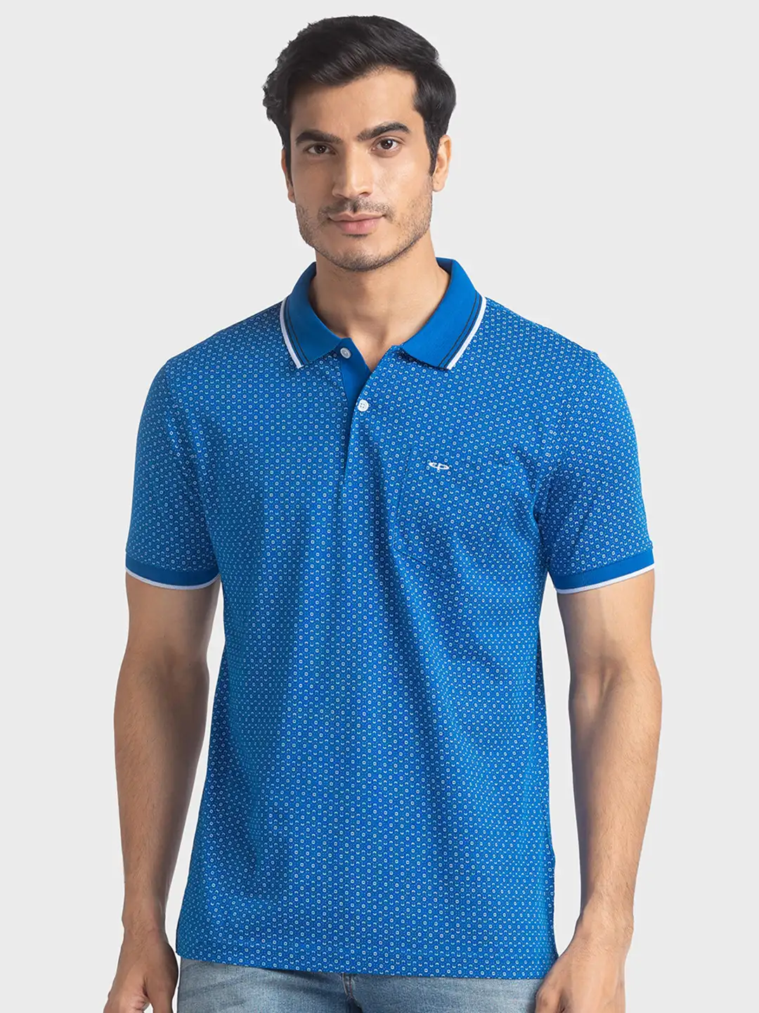 Men Blue Tailored Fit Print Cotton Half Sleeve T-Shirt