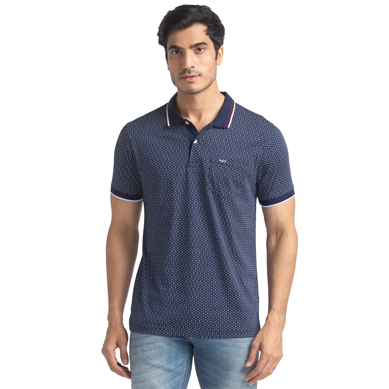 Men Blue Tailored Fit Print Cotton Half Sleeve T-Shirt