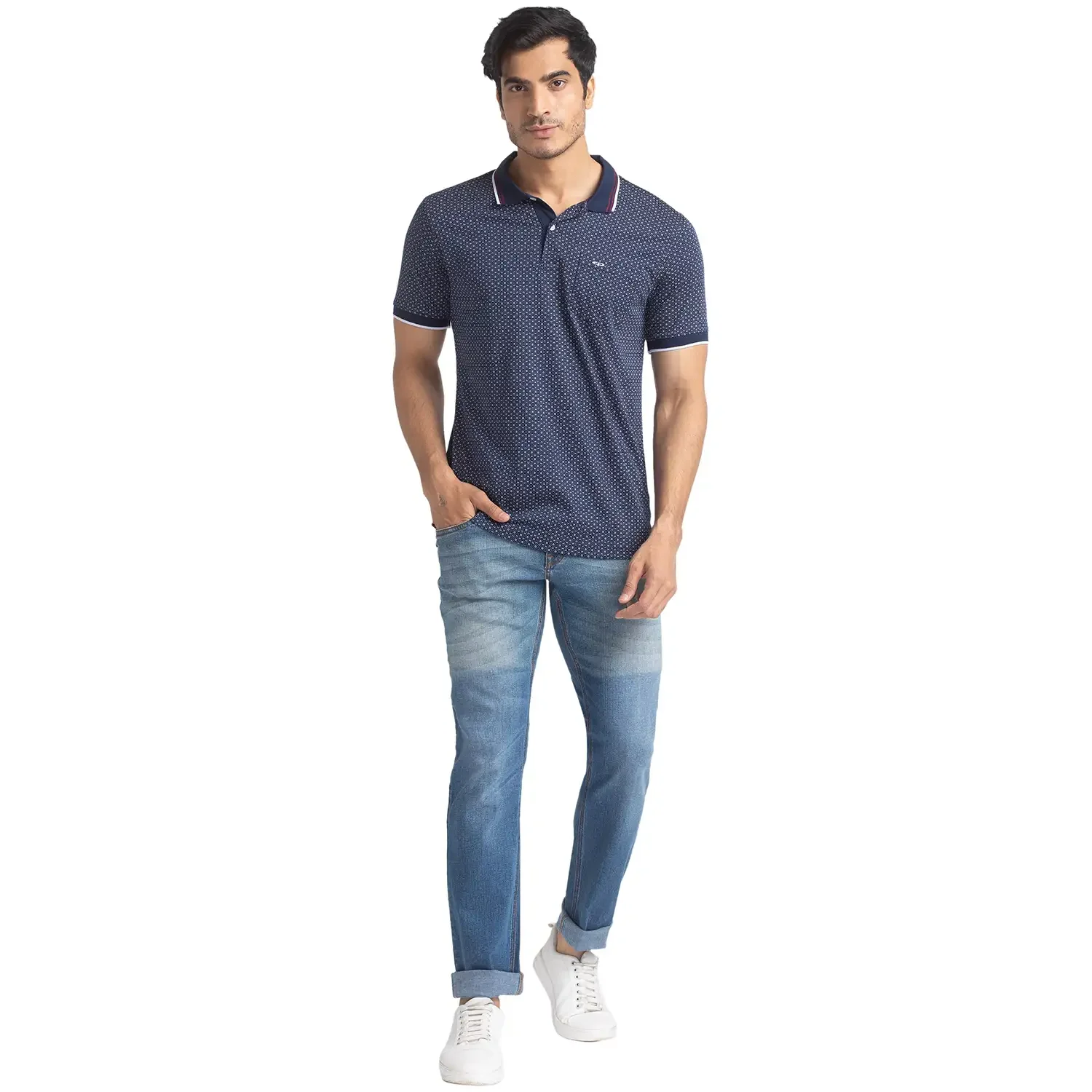 Men Blue Tailored Fit Print Cotton Half Sleeve T-Shirt - Image 5