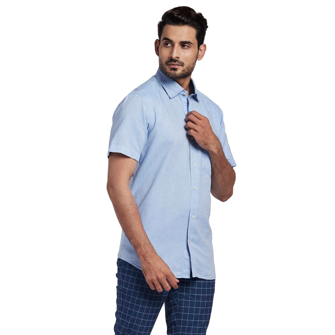 Men Blue Tailored Fit Solid Cotton Blend Half Sleeve Shirts - Image 2