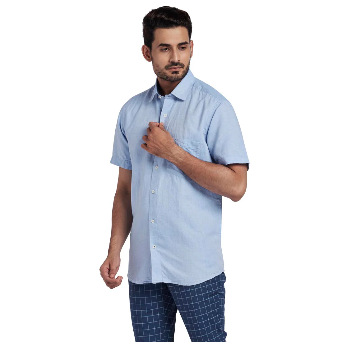 Men Blue Tailored Fit Solid Cotton Blend Half Sleeve Shirts - Image 3