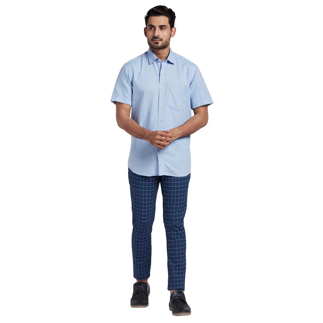 Men Blue Tailored Fit Solid Cotton Blend Half Sleeve Shirts - Image 5
