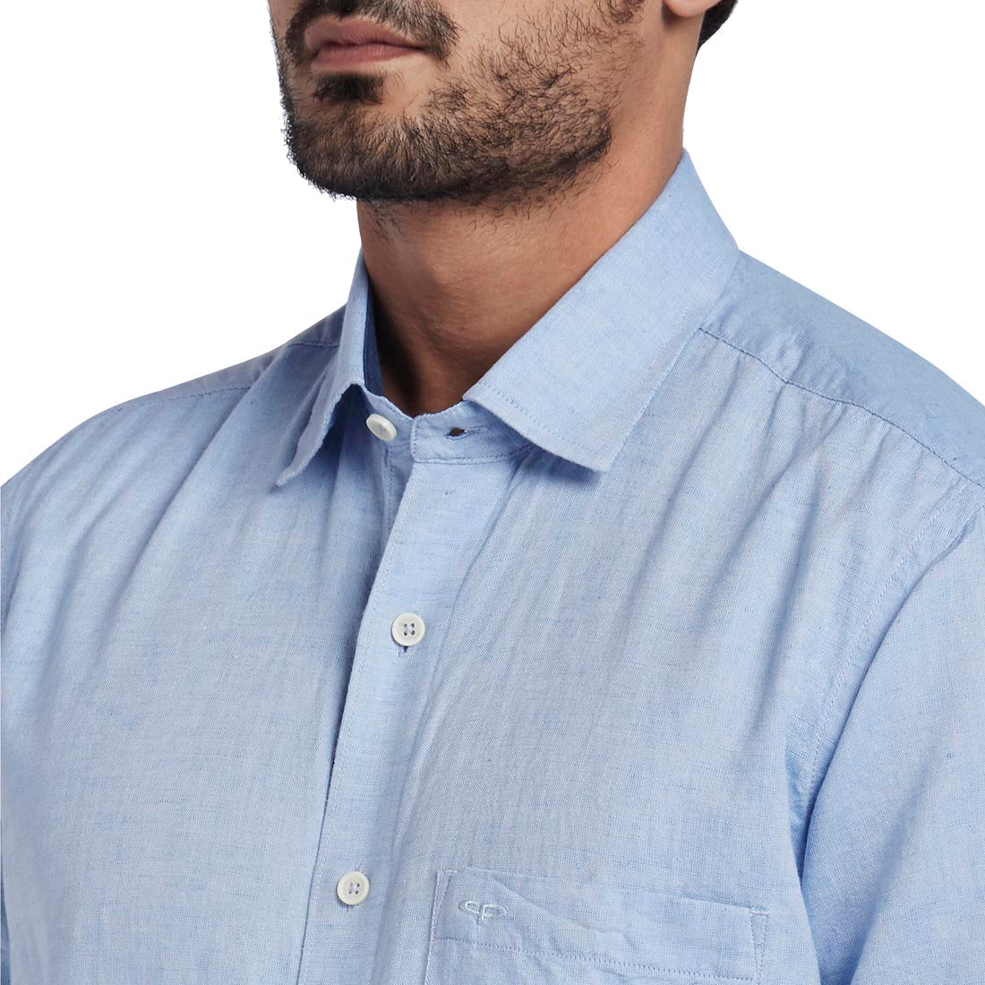 Men Blue Tailored Fit Solid Cotton Blend Half Sleeve Shirts - Image 6