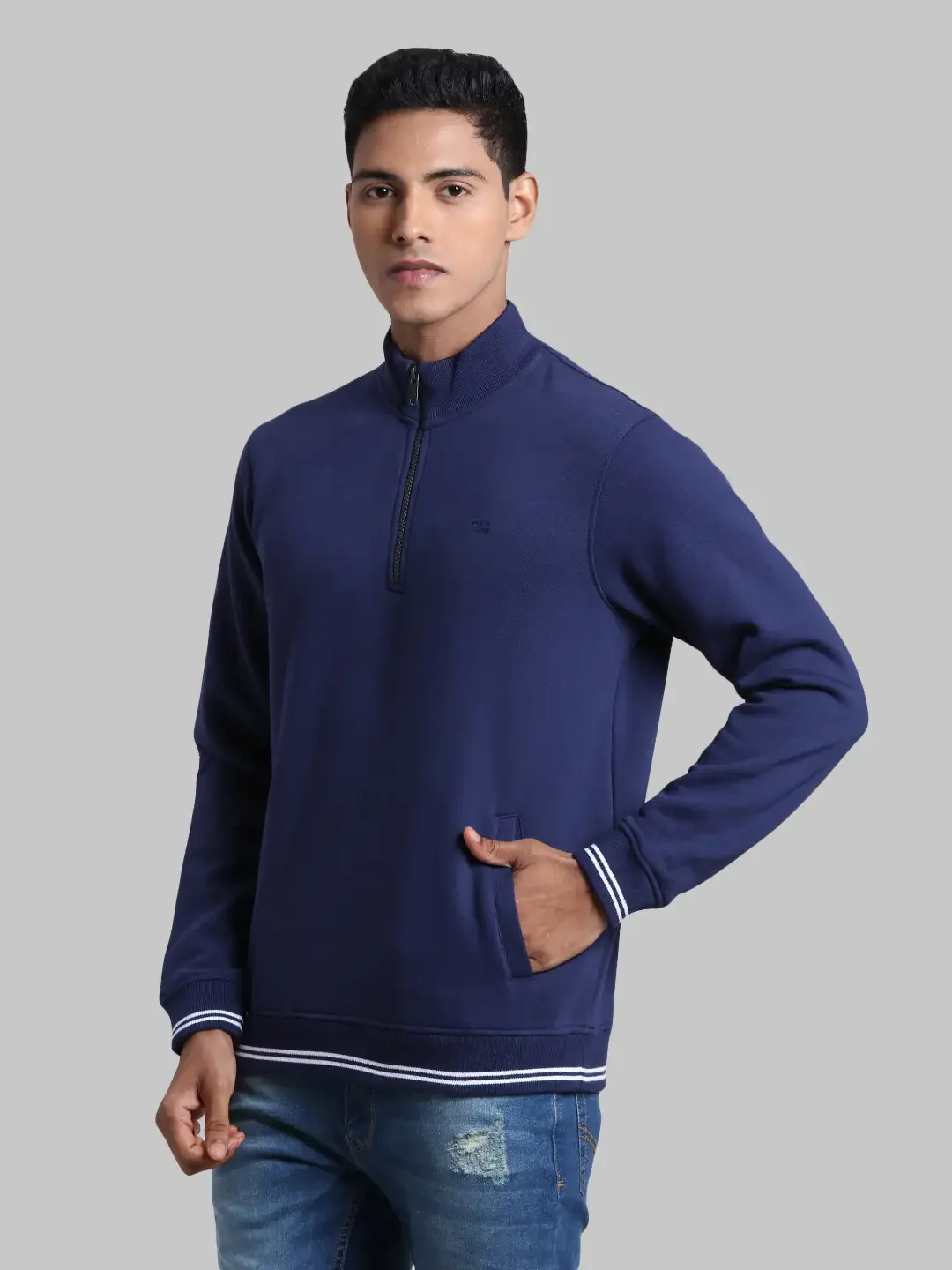 Men Blue Tailored Fit Solid Cotton Full Sleeve Henley Neck Collar Sweatshirts - Image 3