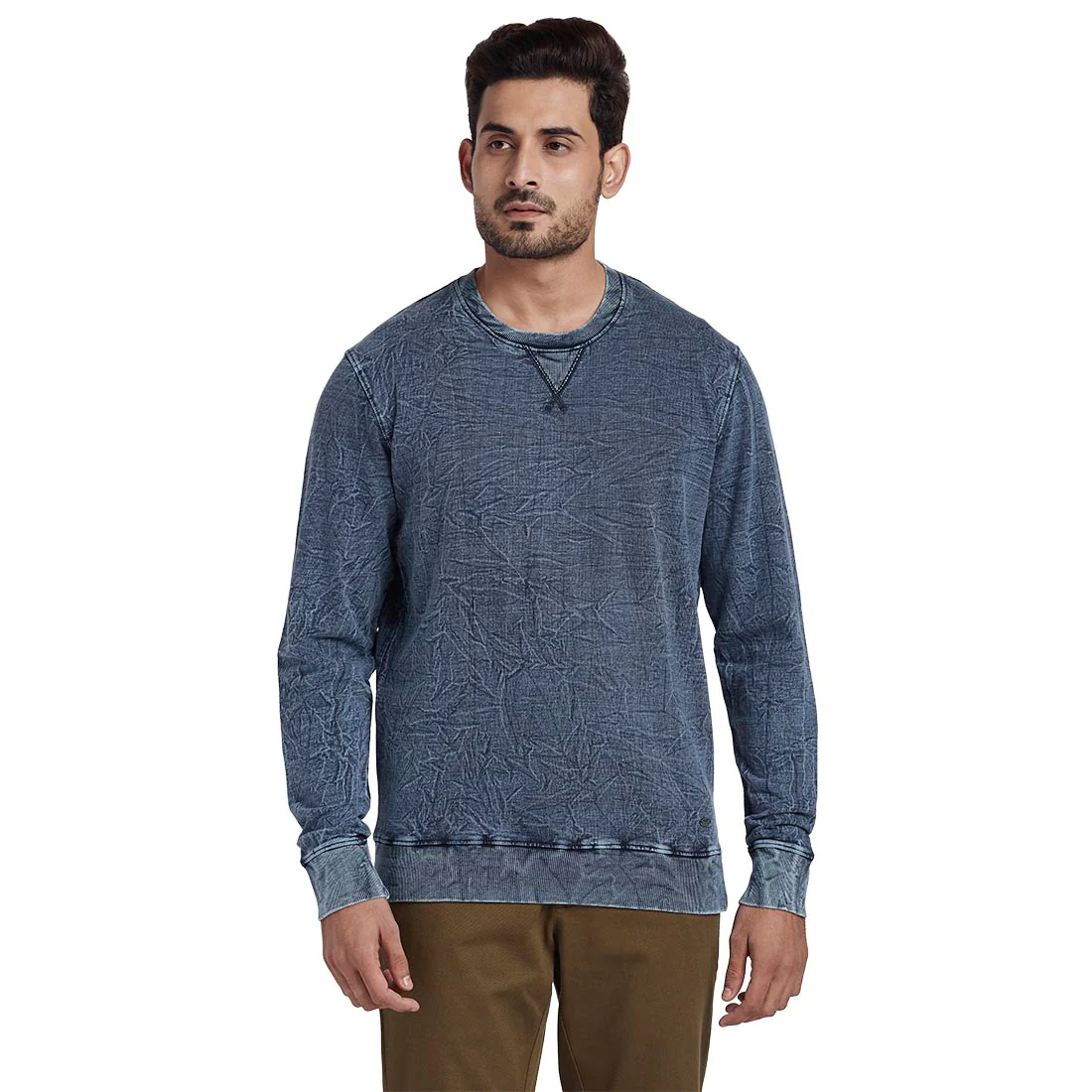 Men Blue Tailored Fit Solid Cotton Full Sleeve Round Collar Sweatshirts