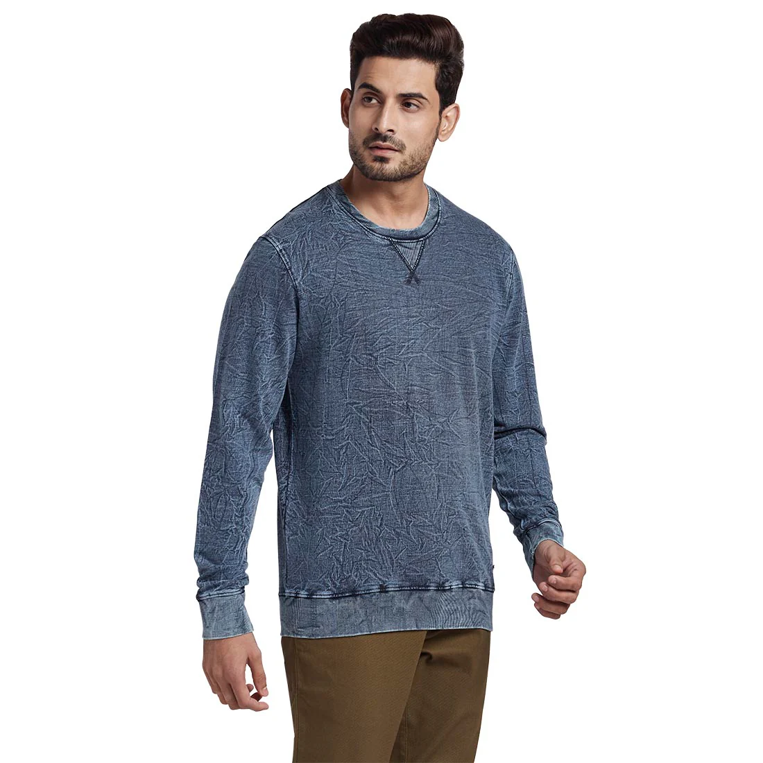 Men Blue Tailored Fit Solid Cotton Full Sleeve Round Collar Sweatshirts - Image 2